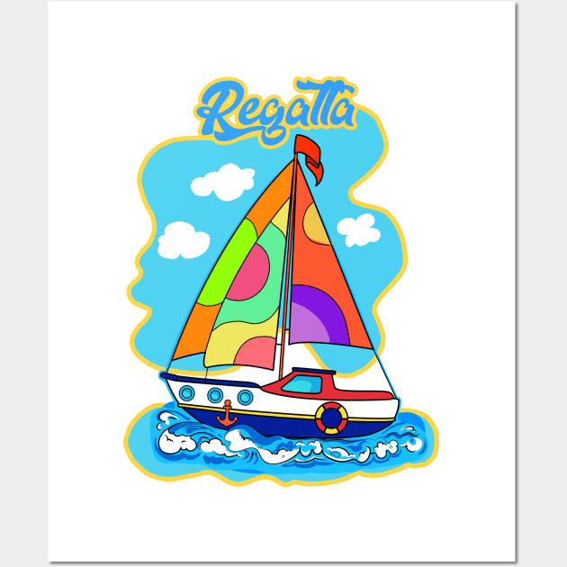 Summer boat kids are a great adventure for sailing with children. Travel in a boat with sails, Beautiful Sea, Sky, blue boat with sail illustration. Wall Art by sofiartmedia